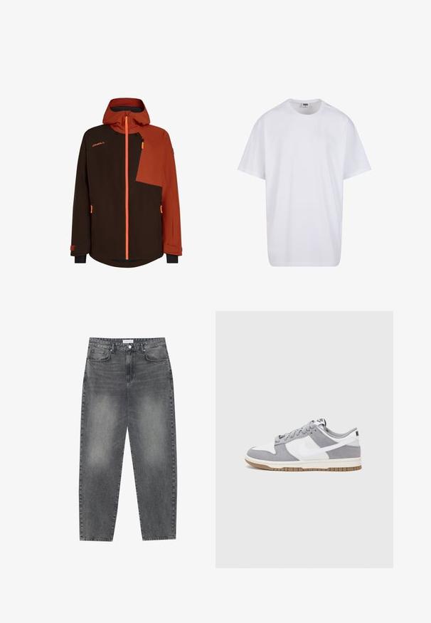 Bruine en oranje geïsoleerde jas met een capuchon, ritszak op de borst, contrasterende stofpanelen en verstelbare manchetten.; Witte katoenen t-shirt met korte mouwen, ronde hals, relaxte pasvorm en zonder zichtbare logo's of patronen. Gladde textuur en minimalistisch ontwerp.; Hoge taille, losvallende jeans van vervaagd zwart denim. Beschikt over vijf zakken, riemlussen en een schone, rechte broekspijp ontwerp.; Grijze en witte sneaker met een bovenwerk van suede en leer, ronde neus, platte veters en een rubberen zool met een gumaccent.