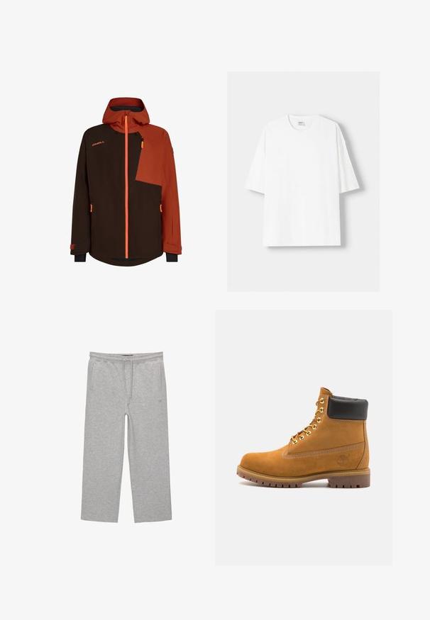 Giacca isolante marrone e arancione con cappuccio, tasca sul petto con zip, pannelli in tessuto a contrasto e polsini regolabili.; T-shirt bianco a maniche corte realizzato in cotone, con scollatura rotonda e vestibilità rilassata. Texture liscia, senza motivi o dettagli visibili.; Pantaloni lounge grigi in cotone con cintura elastica, cordoncino e due tasche laterali; design a gamba dritta, morbida al tatto, senza motivi.; Stivale alla caviglia in suede tan con collare imbottito nero, occhielli in metallo dorato, dettagli in cucitura bianca e suola in gomma robusta con battistrada pronunciato.