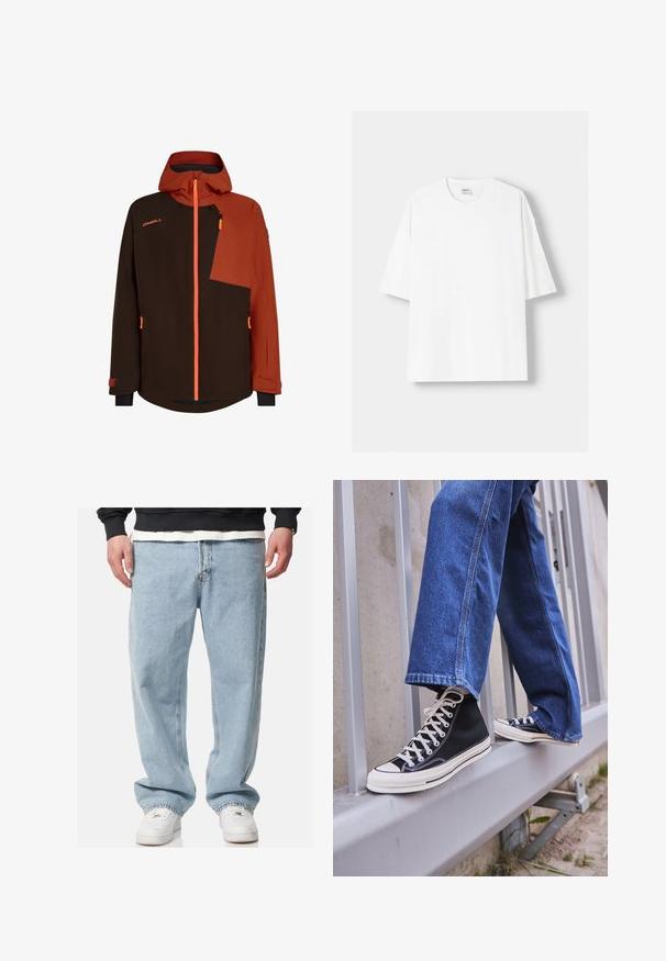 Brown and orange insulated jacket featuring a hood, zippered chest pocket, contrasting fabric panels, and adjustable cuffs.; White short-sleeved t-shirt made from cotton, featuring a round neckline and a relaxed fit. Smooth texture, with no visible patterns or accents.; Light blue denim jeans with a loose fit, straight leg design, and subtle fading. Finished with traditional five-pocket styling and stitching details.; Black high-top sneakers with white sole and laces, paired with loose blue denim jeans, resting on a gray railing.