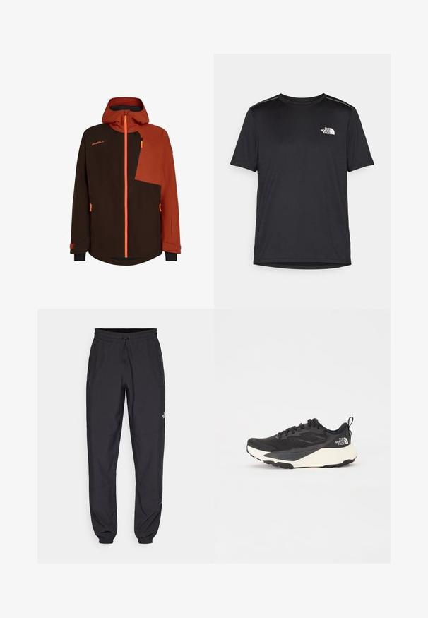 Braune und orange isolierte Jacke mit Kapuze, Reißverschluss-Brusttasche, kontrastierenden Stoffpaneelen und verstellbaren Bündchen.; Schwarzes T-Shirt mit kurzen Ärmeln aus leichtem Stoff. Mit einem kleinen weißen Logo auf der linken Brust und dezenten Akzenten an den Schultern.; Schwarze Sporthosen aus leichtem Stoff, mit einem Kordelzugbund, seitlichen Taschen und schmal zulaufenden Bündchen an den Knöcheln.; Schwarzer Sportschuh mit strukturiertem Mesh-Obermaterial, komplett schwarzen Akzenten und leichter weißer Laufsohle. Verfügt über eine Schnürung und eine Zuglasche.