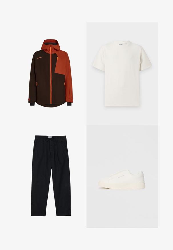 Pruun ja oranž isolaatoriga jakk, millel on kapuuts, lukuga rinnatasku, kontrastsetest kangast paneelid ja reguleeritavad mansetid.; Valge lühikeste varrukatega T-särk ribakudumises. Ümar kaelus, mugav lõige, nähtavad mustrid ega aksessuaarid puuduvad. Lihtne ja mitmekesine disain.; Pier One Chino-püksid - black; Valged libisemiskindlad tossud tekstuuriga pinnaga, paksu tallaga ja minimalistikus disainis. Küljel on brändi logo.