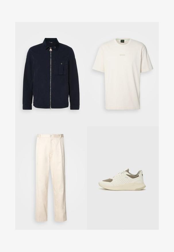 Granatowa kurtka wykonana z lekkiego materiału, z zapięciem na zamek, kołnierzem, kieszenią na piersi oraz subtelną teksturowaną powierzchnią.; BOSS - T-shirt basic; Beżowe bawełniane spodnie o prostym kroju nogawki, z zapięciem na guziki i plisami z przodu dla dodatkowego zdobienia.; Białe i jasnobeżowe sneakersy sportowe, z siateczkową cholewką, perforowanymi detalami oraz teksturowaną podeszwą śródstopia z brandingiem na pięcie.