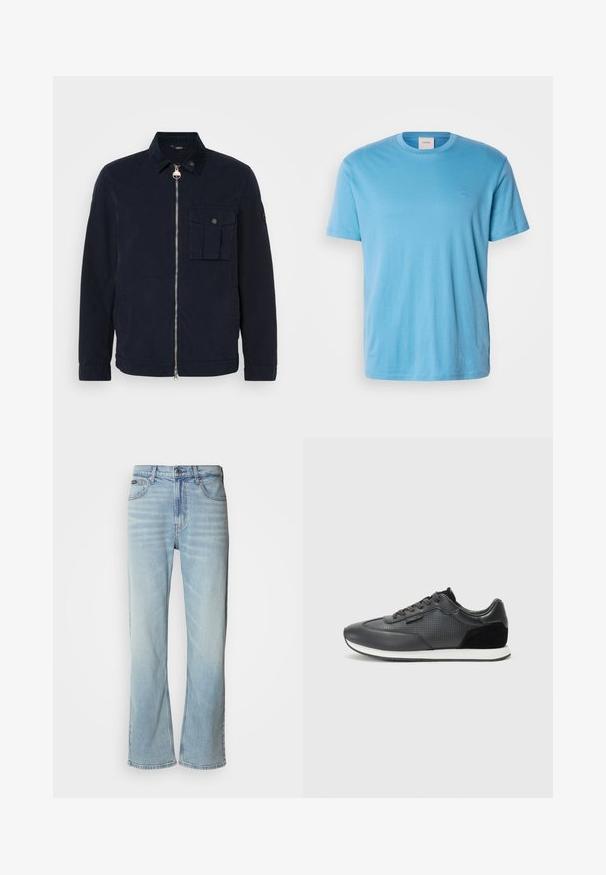 Casaco azul-marinho feito de um tecido leve, apresentando um fecho de zíper, gola, bolso no peito e um acabamento texturizado subtil.; T-shirt de algodão de mangas curtas em azul claro com gola redonda e um pequeno logótipo bordado no peito. Textura suave, ajuste regular.; Jeans de ganga azul claro com corte reto, apresentando cinco bolsos, fecho de botão e um ligeiro desvanecimento no tecido.; Sapatilhas atléticas negras com parte superior em couro com detalhes perfurados, acabamentos em camurça e sola de borracha branca. Design clássico com atacadores.