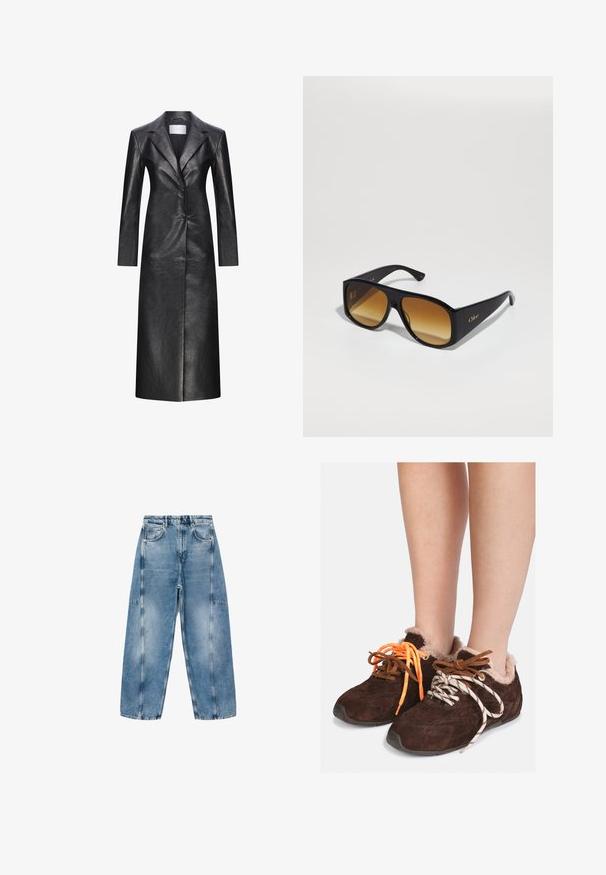 Zwarte leren lange jas met een enkelvoudige sluiting, gezette revers, lange mouwen en een gladde textuur. Heeft twee knopen en een rechte snit.; Grijze cropped trui gemaakt van zacht, fuzzy materiaal. Heeft lange mouwen en een ronde halslijn, met een gladde, lichte textuur.; Witte T-shirt met korte mouwen, gemaakt van zachte katoen, met een ronde halslijn en een ontspannen pasvorm met omgerolde zoomdetails. Geen patronen of accenten.; Lichtblauwe denim jeans hebben een relaxte pasvorm, grote zakken en contrasterende stiksels. De stof heeft een vervaagde afwerking met een soepele textuur.; Bruine leren instapschoenen met een voering van bont, gedragen op blote voeten, met mismatched veters: de ene is oranje en de andere is wit met zwarte strepen.; Zwarte rechthoekige zonnebril met bruine verlooplenzen. Gemaakt van plastic, met een glad oppervlak en een subtiele gouden logo op de poot.