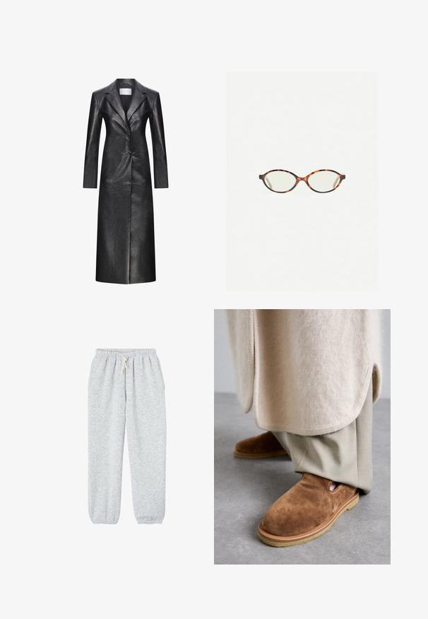 Zwarte leren lange jas met een enkelvoudige sluiting, gezette revers, lange mouwen en een gladde textuur. Heeft twee knopen en een rechte snit.; Grijze cropped trui gemaakt van zacht, fuzzy materiaal. Heeft lange mouwen en een ronde halslijn, met een gladde, lichte textuur.; Grijze joggingsbroek van zachte stof, met een elastische tailleband met trekkoord en elastische boorden bij de enkels.; Bruine suède instap schoenen met een ronde neus, rubberen zool en uitsnijdingen aan de zijkant, gecombineerd met lichtbeige op maat gemaakte broeken.; Kattenoogbril met ovale lenzen en een strakke, gladde afwerking. Heeft dunne zijkanten met een subtiele kromming bij de slapen. Transparante lenzen.; Lichtgrijze kasjmier sjaal met een gedraaid ontwerp, zachte textuur en spitse uiteinden. Bevat een klein label met merkinformatie aan de bovenkant.