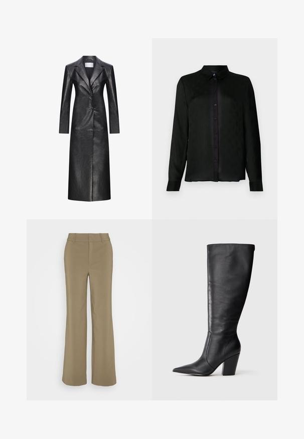 Abrigo largo de cuero negro con diseño de un solo pecho, solapas muescas, mangas largas y una textura suave. Presenta dos botones y un corte recto.; Camisa negra de manga larga con cuello, que presenta un sutil patrón texturizado y botones negros a lo largo del placket frontal.; Pantalones de pierna ancha color caqui, fabricados en un tejido suave, con una cinturilla ajustada, corte recto y detalle de pliegue frontal.; Bota negra de cuero hasta la rodilla con punta afilada y tacón alto grueso, mostrada en perfil lateral izquierdo sobre fondo blanco.