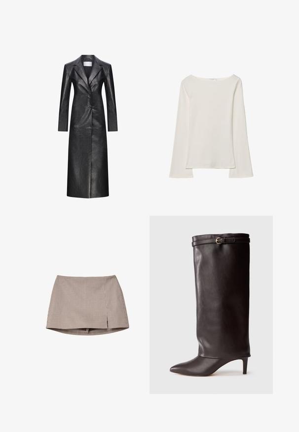 Schwarzer Leder-langmantel mit einem einreihigen Design, mit Reverskragen, langen Ärmeln und einer glatten Textur. Verfügt über zwei Knöpfe und einen geraden Schnitt.; Weißes Langarmtop mit einem Boot-Ausschnitt. Hergestellt aus weichem Material, zeichnet sich durch ausgestellte Ärmel und einen geraden Saum aus und bietet ein einfaches und vielseitiges Design.; Braun-weißer, kariert Minirock mit einem vorderen Schlitz, flach auf einem weißen Hintergrund ausgebreitet.; Schwarze Lederstiefel bis zum Knie mit spitzem Fuß und schmalem Absatz. Merkmale sind eine umgeschlagene Oberkante mit einer goldfarbenen Schnallenakzent. Glatte Textur.