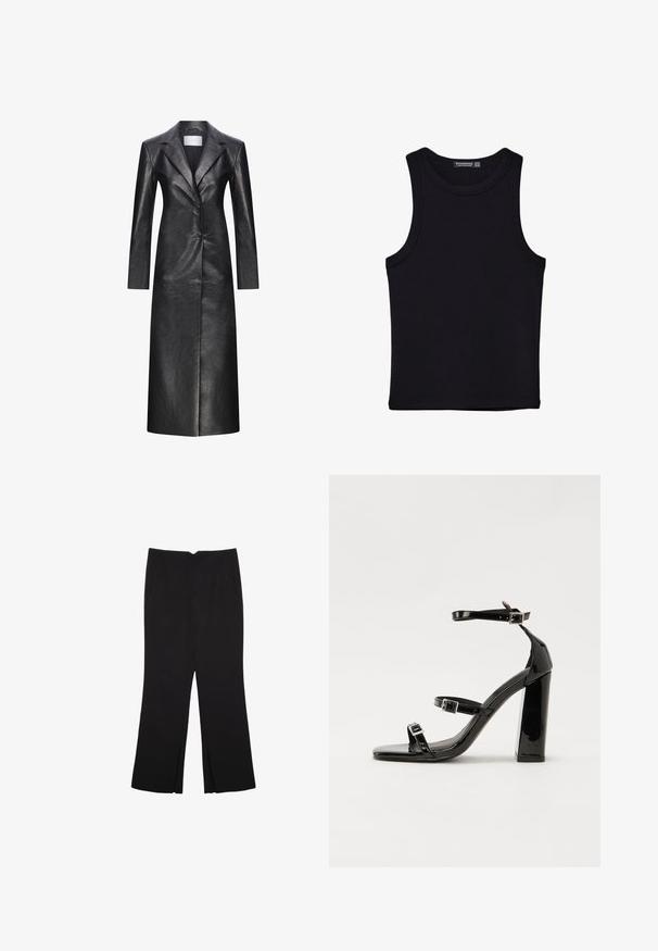 Cappotto lungo in pelle nera con design a doppio petto, rever a punte, maniche lunghe e una trama liscia. Presenta due bottoni e un taglio dritto.; Canotta nera in cotone, caratterizzata da un colletto rotondo e ampi giromanica. Texture liscia con orli cuciti. Design classico e minimalista.; Pantaloni neri a gamba dritta, con tasche frontali e spacchi laterali all'orlo. Realizzati in tessuto morbido e liscio. Adatti a diverse occasioni.; Sandali con tacco in vernice nera, con punta squadrata, cinturini alla caviglia e fibbie in argento. Presentano un tacco a blocco spesso per maggiore stabilità.