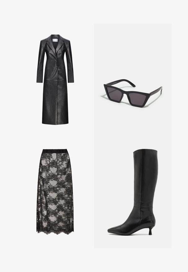 Sort læderlang frakke med en enkeltryk design, spids krave, lange ærmer og en glat tekstur. Har to knapper og en lige pasform.; Sorte ribbede turtleneck top, korte ærmer, tætsiddende design, blød tekstur, minimale sømme og en høj krave.; Sort blondekjole med en scalloperet kant, der har et blomstermønster og en gennemsigtig tekstur. Elastisk talje for komfortabel brug.; Zign Høje støvler/ Støvler - black; Sorte, kantede solbriller med grå linser; lavet af plast, med tykke stænger med en glat overflade og ingen synlig hardware.