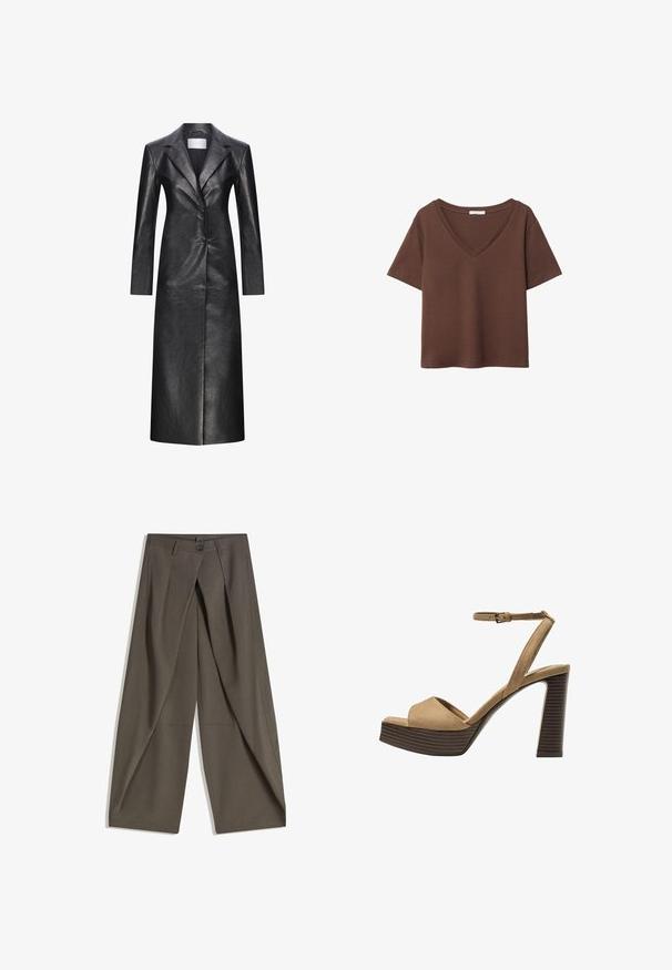 Crni kožni dugi kaput s jednim redom dugmadi, klapnama, dugim rukavima i glatkom teksturom. Sadrži dva dugmeta i ravni kroj.; Smeđa pamučna majica kratkih rukava s dubokim V-izrezom. Jednostavan dizajn, mekana tekstura i ravni rub. Bez uzoraka ili naglasaka.; Hlače širokog kroja izrađene od teksturirane tamnosive tkanine. Imaju prednji plis, kopčanje na gumb i bočne džepove za praktičnost.; Beige suedirane sandale s visokim potpeticama, širokom prednjom trakom i trakicom oko gležnja, s debelom drvenom blok-potpeticom s teksturiranim završetkom.