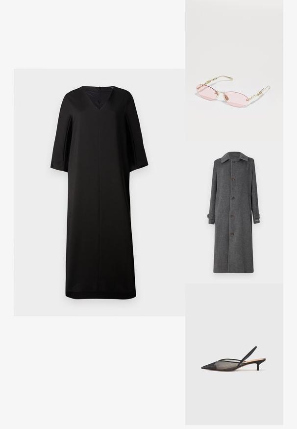 Sivi vuneni kaput s gumbima sprijeda, raširenim ovratnikom i dva bočna džepa. Ima dugačke rukave i blago prevrnute manžete.; Crna haljina s V izrezom i kratkim, širokim rukavima. Napravljena od glatkog materijala. Ima skrivenu patent zatvarač na leđima i labav, ravni kroj.; NEOUS IRENA - Klasične cipele s visokom petom - black; Gucci Sunčane naočale - gold-coloured/pink; Crna kožna torba s okruglim oblikom, mekim teksturom i čvorastom ručkom s zlatnim metalnim detaljima. Zatvaranje na patentni zatvarač.