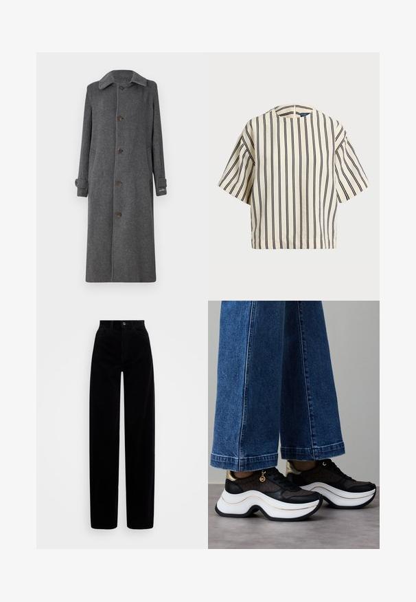 Pá de lã cinza com fecho de botões, gola larga e dois bolsos laterais. Apresenta mangas longas e punhos ligeiramente enrolados.; Top de manga curta, riscado em creme e azul marinho, com decote redondo e design boxy em tecido texturizado.; Calças de corduroy pretas com cintura alta, design de perna larga e um único botão frontal. Textura suave com nervuras verticais.; Ténis pretos e dourados com sola branca curva. Tecido texturizado com detalhes do logótipo. Combinados com calças largas de ganga azul.