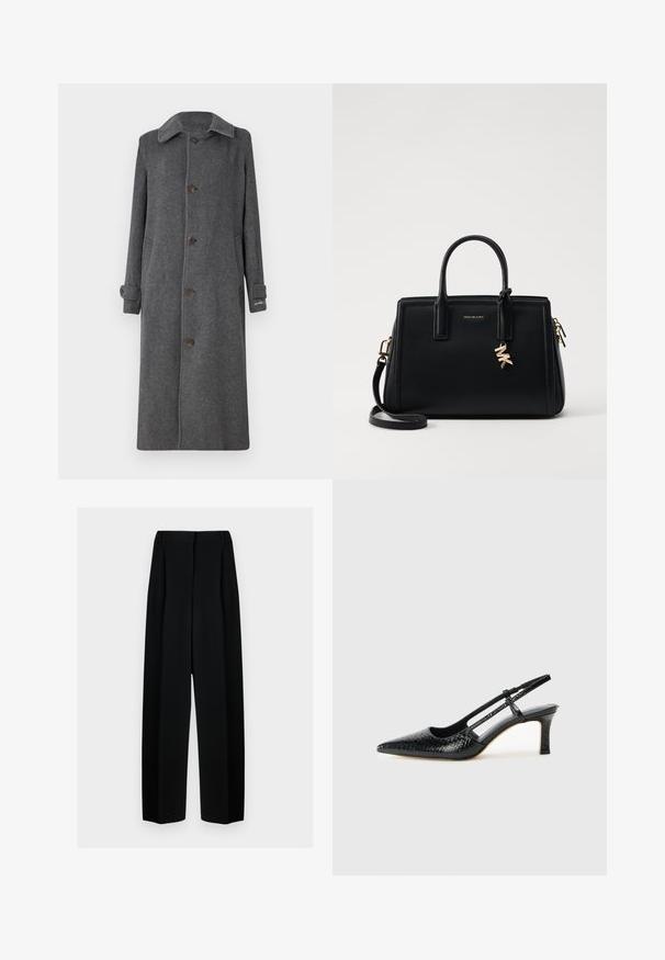 Pelēks vilnas mētelis ar pogu priekšpusi, izplestu apkakli un divām sānu kabatām. Ar garām piedurknēm un nedaudz sarullētām aprocēm.; Melna garo piedurkņu blūze ar norādītu apkakli, slēptu pogu aizdari un izliekta apakšmala uz vienkārša balta fona.; Melni plati bikses ar augstu jostasvietu, kas papildinātas ar pudiem un gludu tekstūru. Audums izskatās viegls un eleganti krīt.; Melna patent āda ar slīdošo papēdi un smailo purngalu, ar teksturētu čūsku drukājumu, regulējamu siksniņu un īsu teksturētu blokpapēdi.; Melnas ādas rokas soma ar strukturētu dizainu, dubultiem augšējiem rokturiem, noņemamu plecu siksnu, zelta aparatūru un logo piekariņu akcentu.