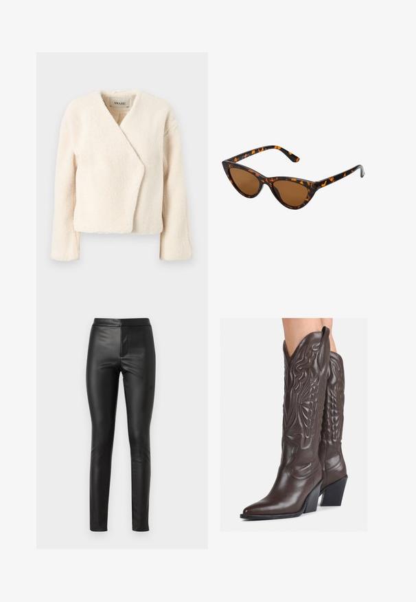 Giacca in fleece morbido color crema con design avvolgente, maniche lunghe e lunghezza leggermente cropped. Nessun hardware visibile o fantasie.; Maglietta nera a maniche lunghe in pizzo testurizzato, caratterizzata da un collo a scollatura sagomata e un design aderente con una silhouette cropped.; Leggings in pelle nera con texture liscia, vestibilità aderente e vita alta. Presentano una cucitura frontale per un aspetto sartoriale.; Stivali da cowboy in pelle marrone con punta affusolata e tacco a blocco, caratterizzati da dettagliati ricami e accenti rialzati sul gambale.; Occhiali da sole cat-eye con una montatura tartarugata nera e arancione, lenti marroni e punte affusolate e eleganti. Presentano un logo minimale sulla asta.