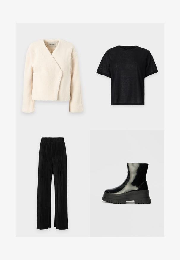 Crème-kleurige, zachte fleece jas met een wikkeldesign, lange mouwen en een licht cropped lengte. Geen zichtbare hardware of patronen.; Zwart t-shirt met korte mouwen en een relaxte pasvorm, voorzien van een gladde textuur en een ronde hals. Lichtgewicht stof met een subtiele glans.; Zwarte geplooide broek met een elastische tailleband. Beschikt over wijde pijpen en een glad, gestructureerd stof met verticale strepen.; Zwarte glanzende enkelboot met dikke profielzool en ronde neus, zijaanzicht op een effen lichtgrijze achtergrond.