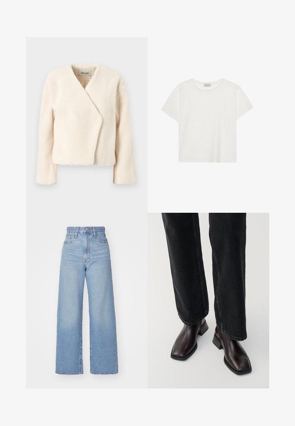 Kreemikaalane, pehmeast fliisist jakk, millel on ümbermähkiv disain, pikad varrukad ja kergelt lühike pikkus. Nähtavat riistvara ega mustreid pole.; Valge lühikeste varrukatega t-särk, mis on valmistatud pehmest puuvillast. Omab ümmargust kaelust ja mugavat lõiget. Puhtad jooned, ilma nähtavate mustrite või aktsentideta.; Heledad sinine kõrge vöökohaga laiad teksad, ees nupp ja tõmblukk, ees ja taga taskud, valge tausta peal.; Pruunid nahast pahkluu saapad, millel on ruudukujuline varvas ja plokk-kand, koos mustade laiade pükstega. Sile tekstuur ja minimalistlik disain.