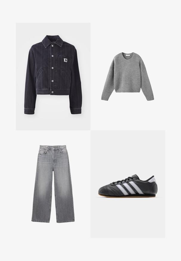 Mørk denimjakke med vertikale striber, cropped design, spidse kraver, frontlukning med knapper og brystlomme med logo-patch.; Grå strikket crewneck sweater med lange ærmer og ribstrikkede manchetter og kant, lagt fladt på en hvid baggrund.; Grå denim bredbenede jeans med høj talje, fem lommer, falmet finish og kontrastsyninger. Har en knapåbning og bæltetaber.; Sorte lædersportssko med hvide striber, rund tå, flad sål og snørelukning. Har perforeringer for åndbarhed.