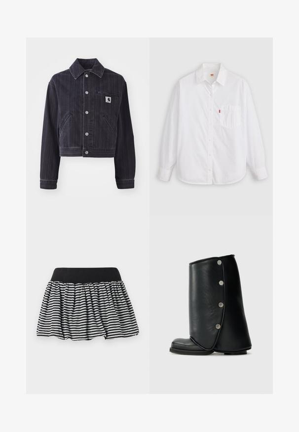 Tummansinisestä denim-takkista, jossa on pystysuorat raidat, lyhyt malli, nappikaulus, etupuolen nappikiinnitys ja rinnassa logo-patchilla varustettu rintatasku.; Valkoinen pitkähihainen napitettava paita, jossa on puuvillakangas. Välikkeessä on kaulus, etutasku, pyöristetty helma ja pieni punainen logotunnus lähellä taskua.; Mustavalkoinen raidallinen hame, jossa on kerrostettu muotoilu ja joustava vyötärö, valmistettu pehmeästä materiaalista. Hameessa on levenevä muoto, joka tuo täyteläisyyttä.; Mustat nahkaiset nilkkurit, joissa on kaareva muotoilu, pyöreä kärki ja koristeelliset hopeanväriset napit ulkopuolella.