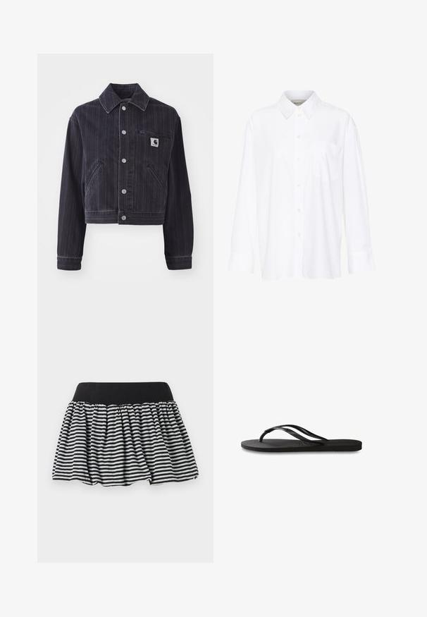 Tmavomodrá džínová bunda s vertikálnymi pásmi, skrátený dizajn, bodový golier, predné zapínanie na gombíky a náprsné vrecko s logom.; Biela košeľa s dlhým rukávom a golierom vyrobená z bavlny. Má zapínanie na gombíky vpredu a jednu náprsníku vrecko. Hladká textúra, voľný strih.; Čierno-biele pruhované sukne s nariaseným dizajnom a elastickým pásom, vyrobené z jemného materiálu. Má rozšírený tvar pre objem.; Čierne žabky s textúrovanou gumovou podrážkou, dvoma štíhlymi popruhmi a diskrétnym embosovaným logom na popruhu.