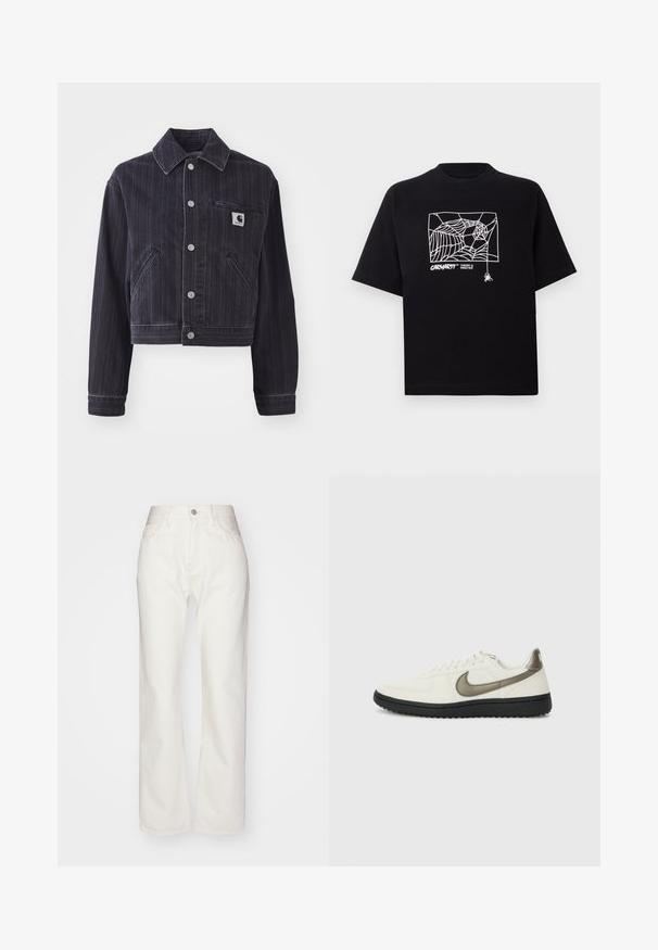 Dark denim jacket with vertical stripes, cropped design, point collar, front button closure, and chest pocket with logo patch.; Black T-shirt made of cotton with short sleeves. Features a white spider web graphic and logo on the front. Simple rounded neckline.; White denim trousers with a high waist and wide-leg fit. Features a button and zipper closure, belt loops, and subtle stitching details.; Nike Sportswear FIELD GENERAL - Trainers - off-white/black