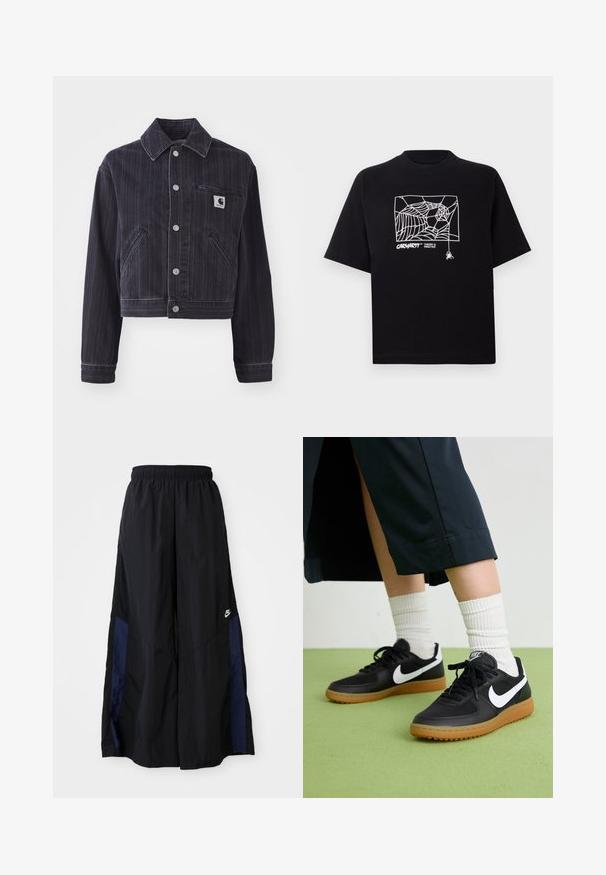 Tumši denima jakas ar vertikālām svītrām, saīsināts dizains, punktveida apkakle, priekšējā pogu aizdare un krūšu kabata ar logotipa uzšuvumu.; Melnā kokvilnas T-kreklā ir īsas piedurknes. Uz priekša ir balti zirnekļa tīkla grafika un logo. Vienkārša noapaļota izgriezne.; Melni plata kāju bikses no viegla auduma, ar tumši zilu sānu paneli un elastīgu jostu. Mazs balts logotips apakšā.; Melna āda un sintētiska materiāla sporta apavi ar baltu Nike logo, gumijas zole, apaļa purngala forma un melni šņores. Redzamas ribotas baltas zeķes.