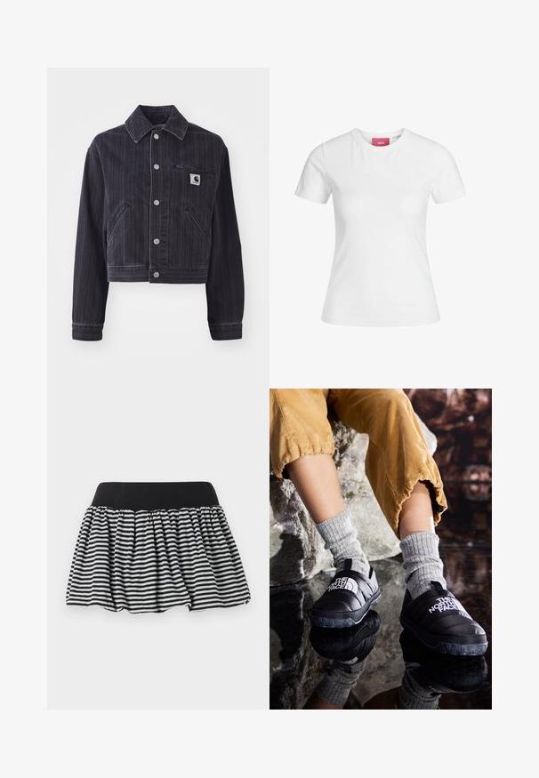 Dark denim jacket with vertical stripes, cropped design, point collar, front button closure, and chest pocket with logo patch.; White cotton t-shirt with short sleeves and a round neckline. Features a pink label on the inner neck. Smooth texture.; Black and white striped skirt with a gathered design and elastic waistband, made of soft material. Features a flared shape for fullness.; Black insulated slip-on shoes with textured soles and white logo, worn with gray knit socks, paired with ribbed mustard-colored pants.