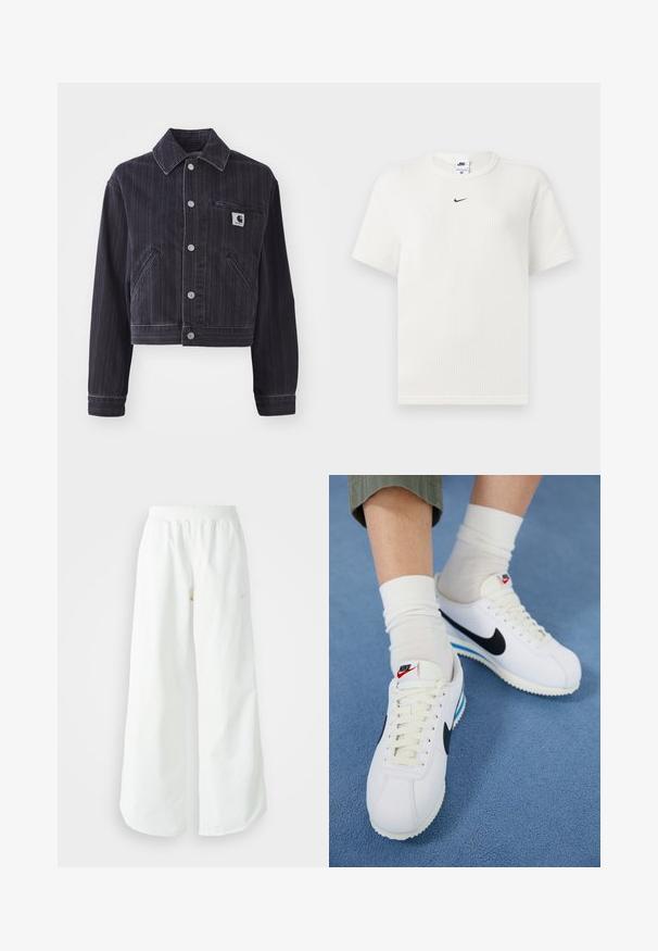 Chaqueta de mezclilla oscura con rayas verticales, diseño corto, cuello puntiagudo, cierre delantero de botones y bolsillo en el pecho con parche de logo.; Camiseta blanca de canalé con un escote redondo y mangas cortas. Presenta un pequeño logo negro de Nike en el pecho. Tejido texturizado con una forma ajustada.; Pantalones deportivos blancos de pierna ancha con una cinturilla acanalada y un sutil detalle de logo. Tela suave con un ajuste relajado y dobladillo ajustado.; Zapatillas Nike blancas con swoosh negro, cordones delanteros y suelas blancas con acentos azules. Llevadas con calcetines blancos de caña corta sobre pantalones verdes.