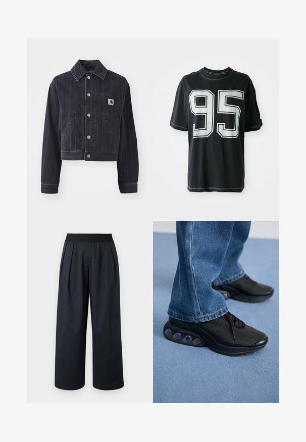 Tmavomodrá džínová bunda s vertikálnymi pásmi, skrátený dizajn, bodový golier, predné zapínanie na gombíky a náprsné vrecko s logom.; Čierne bavlnené tričko s krátkymi rukávmi, na prednej strane s bielou potlačou čísla "95" a kontrastným prešitím pozdĺž okrajov.; Čierne široké nohavice s nariaseným predným dielom, elastickým pásom a hladkou textúrou látky. Majú voľný strih a skrátenú dĺžku.; Čierne atletické tenisky s vrchným materiálom z elastického sieťového textilu, s textúrovanými akcentmi a viditeľnými vzduchovými podložkami v podrážke. Nosené s modrými džínsami.