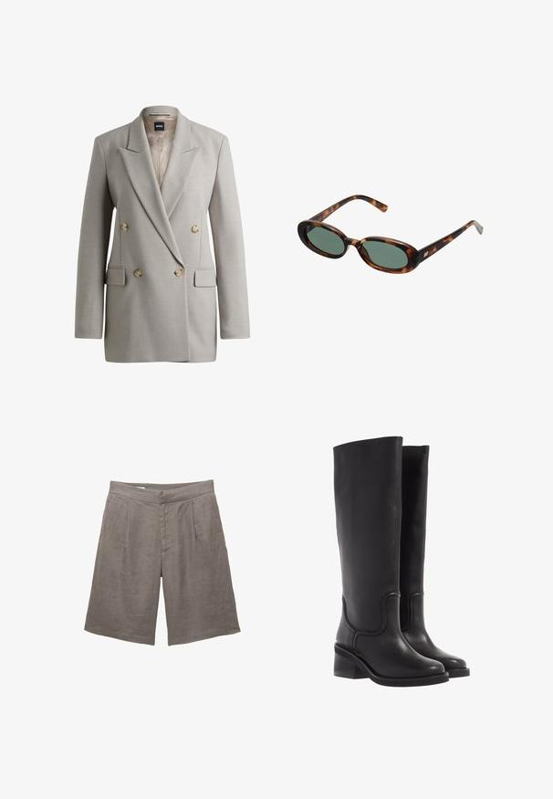 Blazer double boutonnage gris clair avec larges revers, quatre boutons beige, poches à rabat et une étiquette BOSS à l'intérieur du col.; Haut marron à manches longues en matériau doux et extensible, avec un col rond et une coupe décontractée, présentant une texture lisse et un minimalisme dans les détails.; Shorts en lin gris avec une coupe décontractée, dotés d'un devant plat, de deux plis avant et de poches latérales. Texture lisse sans motifs visibles.; Bottes en cuir noir montant jusqu'au genou, avec une texture lisse, un bout arrondi et un talon épais. Présente une couture discrète et un design épuré.; Lunettes de soleil en écaille de tortue avec des montures ovales et des verres verts. Elles présentent des branches fines avec un accent métallique près des charnières.; Sac en daim beige avec deux longues poignées, de forme rectangulaire et avec des coutures décoratives. Dispose d'une bandoulière et de subtils accents en métal doré.