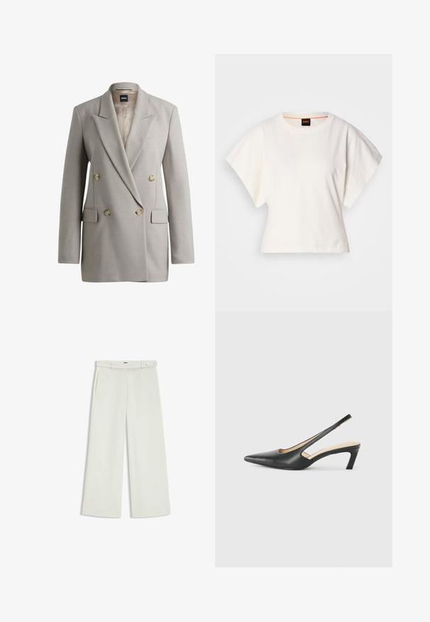 Light gray double-breasted blazer with wide lapels, four beige buttons, flap pockets, and a BOSS label inside the collar.; White cropped T-shirt, short wide sleeves, soft cotton material, round neckline with subtle orange trim, minimal design, no patterns or graphics.; Wide-leg pants in light cream fabric, featuring side pockets, a flat front, and a single button closure at the waist. Smooth texture.; Black pointy-toed slingback shoe with a low heel, featuring smooth leather material and cut-out design on the side for breathability.