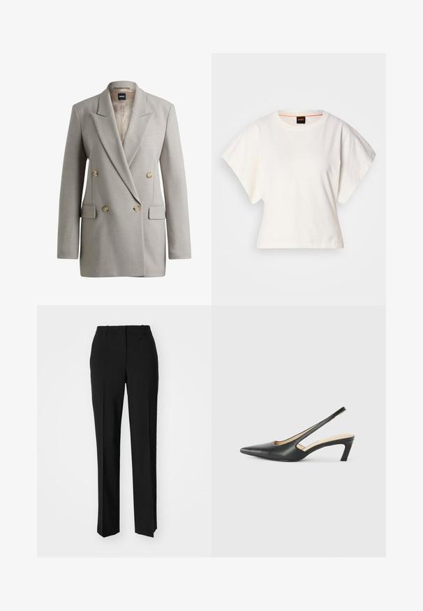 Blazer double boutonnage gris clair avec larges revers, quatre boutons beige, poches à rabat et une étiquette BOSS à l'intérieur du col.; T-shirt blanc cintré, manches courtes et larges, en coton doux, décolleté rond avec une discrète bordure orange, design minimaliste, sans motifs ni graphiques.; Pantalon noir ajusté avec une coupe droite, présentant une texture lisse et des plis nets sur le devant. Aucune quincaillerie visible.; Slingback noir à bout pointu avec un petit talon, en cuir lisse et doté d'un design découpé sur le côté pour plus de respirabilité.