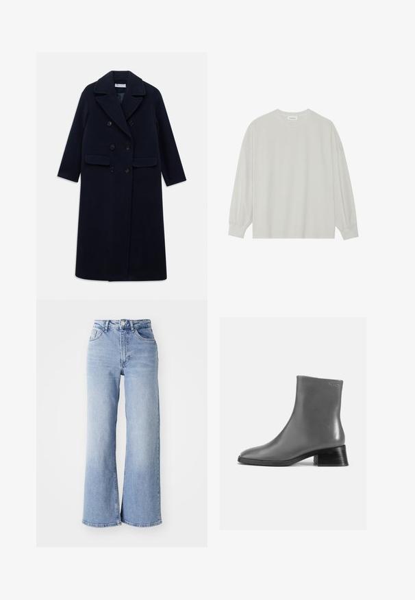 Dugi tamnoplavi dvostruki vuneni kaput s širokim reverima, šest crnih gumba, dva prednja džepa s preklopom i dugih rukava.; Svijetlosivi majica s dugim rukavima od mekane pamučne tkanine. Ima slobodan kroj, okrugli izrez i blago nabrane manžete. Bez uzoraka ili grafika.; Svijetloplave traperice visokog struka širokih nogavica s prednjim i stražnjim džepovima, kopčanjem na gumbi i suptilnim izblijedjenjem na bedrima i rubovima.; Sivi kožni gležnjači s zaobljenim vrhom i kratkom, nagnječenom crnom petom. Glatka tekstura s minimalnim detaljima.