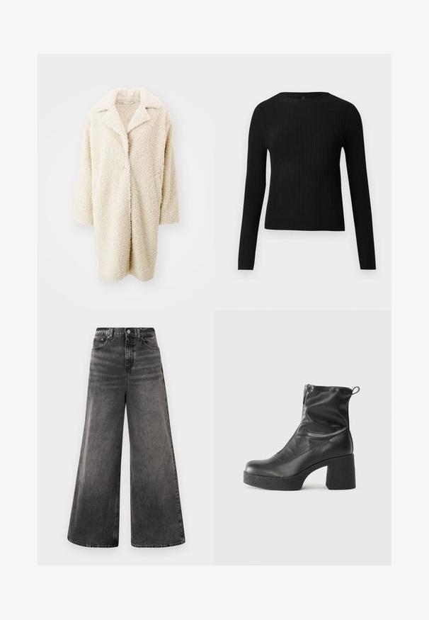 Kremfarget, luftig faux fur-kåpe med stor krage, åpen front og trekvartslange ermer. Har to sidelommer og en avslappet passform.; Svart ribbestrikket langermet tettsittende genser med rund hals, vist mot en ensfarget lys bakgrunn.; Bredde ben svarte denim jeans med falmet vask, fem-lommers design og knappelukking i livet, med sømdetaljer.; Svarte ankelstøvler laget av glatt lær, med glidelås på siden, chunky strukturert hæl, og rund tå-design.