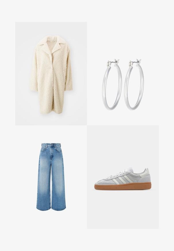 Kremskrāsas, pūkaina mākslīgā kažokāda ar lielu apkakli, atvērta priekša un trīs ceturtdaļu piedurknēm. Iezīmējas ar divām sānu kabatām un brīvu piegriezumu.; Balts ribots garām piedurknēm krekls ar apaļu kakla izgriezumu. Izgatavots no elastīga auduma, kas pieguļ ķermenim. Iezīmējas ar smalkām horizontālām līnijām.; Gaiši zili, plata kāju džinsi, izgatavoti no denima, ar augstu jostasvietu, pogu aizdari un vieglu izlīdzināšanu ar tīrām apakšmalām.; Gai pelēki zamšīgās kedas ar baltām ādas detaļām, trim baltām līnijām un brūnu gumijas zoli, ar mīkstinātu apkakli komforta nodrošināšanai.; Sudraba riņķveida auss gredzeni ar gludu, pulētu apdari. Apaļa forma un drošs klikšķa augšējais slēgums. Viegls dizains, kas piemērots ikdienas valkāšanai.