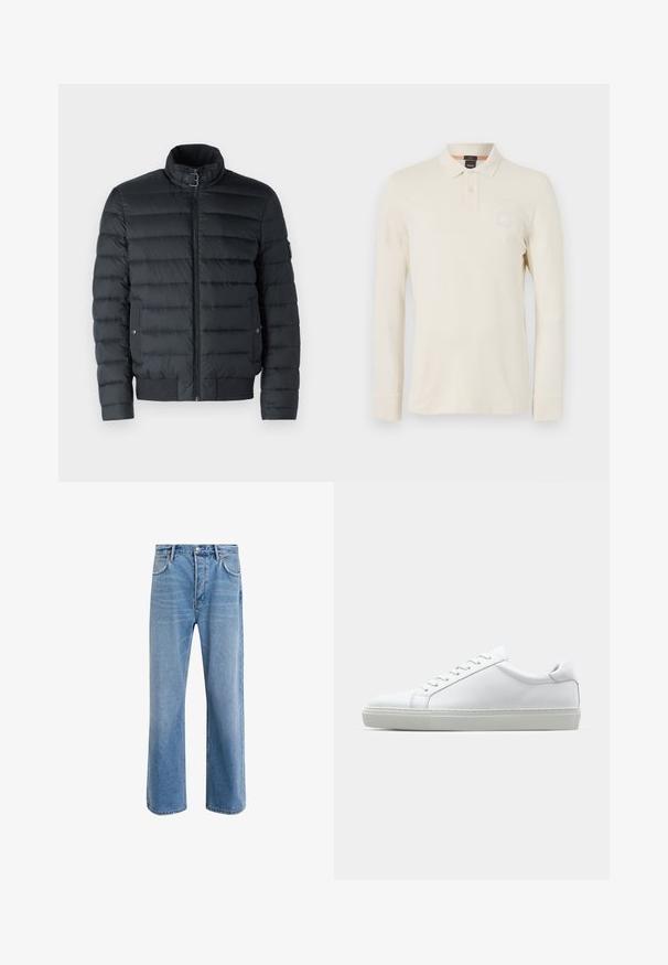 Czarna kurtka puchowa ma zamek błyskawiczny, stójkę, poziome przeszycia, ściągacz na dole oraz boczne kieszenie z zatrzaskami.; Koszulka polo z długim rękawem w jasnym beżowym kolorze, wykonana z gładkiego materiału, z kołnierzykiem polo, zapięciem na dwa guziki oraz małą naszywką z logo na piersi.; Jasnoniebieskie dżinsy o prostym kroju, pięć kieszeni, zapięcie na guzik, minimalne blaknięcia i kontrastowe wykończenia szwów.; Białe sneakersy z gładką skórzaną cholewką i niskim profilem. Posiadają okrągły nos, sześć dziurek na sznurówki oraz teksturowaną gumową podeszwę.