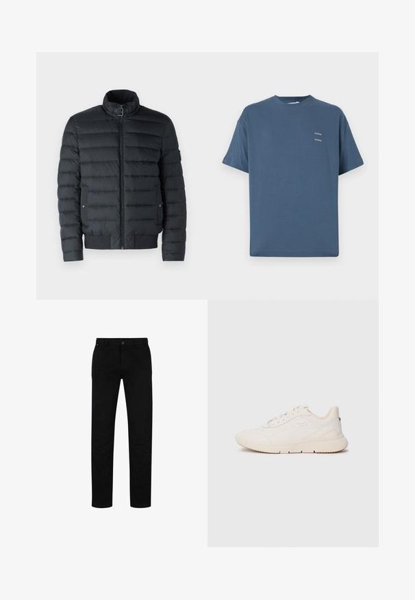 Melna pūkainā jaka ar rāvējslēdzēju, stāvošu apkakli, horizontāliem šuvēm, ribotām maliņām un sānu kabatām ar pogām.; Zilas kokvilnas T-krekls ar klasisku apaļu kaklu, īsām piedurknēm, brīvu piegriezumu un diviem maziem apdrukātiem logo uz krūtīm. Gluda tekstūra.; Melni kokvilnas bikses ar taisnu piegriezumu, kas aprīkotas ar pogu aizdari, jostu cilpām un minimālistisku dizainu. Gluda tekstūra, bez rakstiem.; Baltā sneakeru apava izgatavota no teksturēta materiāla, ar gludu zoli, aizsietu priekšpusi un vieglu zīmola identifikāciju uz papēža. Minimālisma dizains.