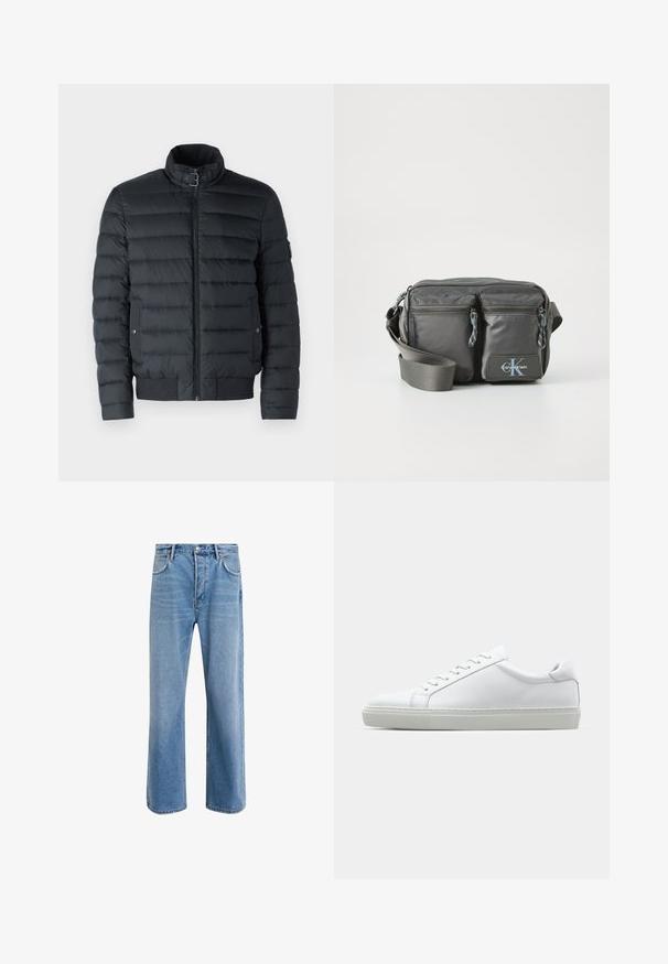 Mustikka puffer-takki, jossa on vetoketjukiinnitys, seisova kaulus, vaakasuora ommel, ribbineulehelma ja sivutaskut nappikiinnityksellä.; Pitkähihaiset, korkea kauluksellinen paita vaaleasta kermaisen värisestä puuvillasta. Sileä pinta, rento malli, minimalistinen muotoilu, ei näkyviä kuvioita tai yksityiskohtia.; Vaaleansiniset farkut suoranlahkeisella muotoilulla, viisi taskua, nappisuljenta, vähäinen kuluminen ja kontrastiväriset ompeluyksityiskohdat.; Valkoinen tennari, jossa on sileä nahkapäällinen ja matala profiili. Ominaisuuksiin kuuluu pyöreä kärki, kuusi rei'itystä ja teksturoitu kumipohja.; Harmazin väri nylonista valmistettu ristikassina, jossa on kaksi vetoketjullista etutaskua, säädettävä hihna ja logoakseli. Sileä rakenne ja moderni muotoilu.