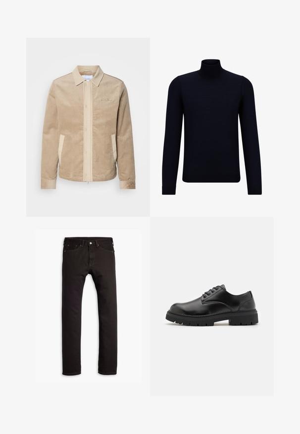 Beige cordfløyelsjakke med brune detaljer på framsiden, kragen og lommene. Har knappeåpning og ribbede mansjetter. Diskret branding på brystet.; Mørk marineblå turtleneck genser laget av finstrikket stoff, med lange ermer og en tettsittende, høy hals. Ingen synlige mønstre eller detaljer.; Sorte slim-fit jeans med fem lommer og knaplukning, vist fladt på en hvid baggrund.; Sorte lær sko med rund tå, snøring og en tykk, teksturert gummisåle. Har søm langs kanten og en glatt overflate.