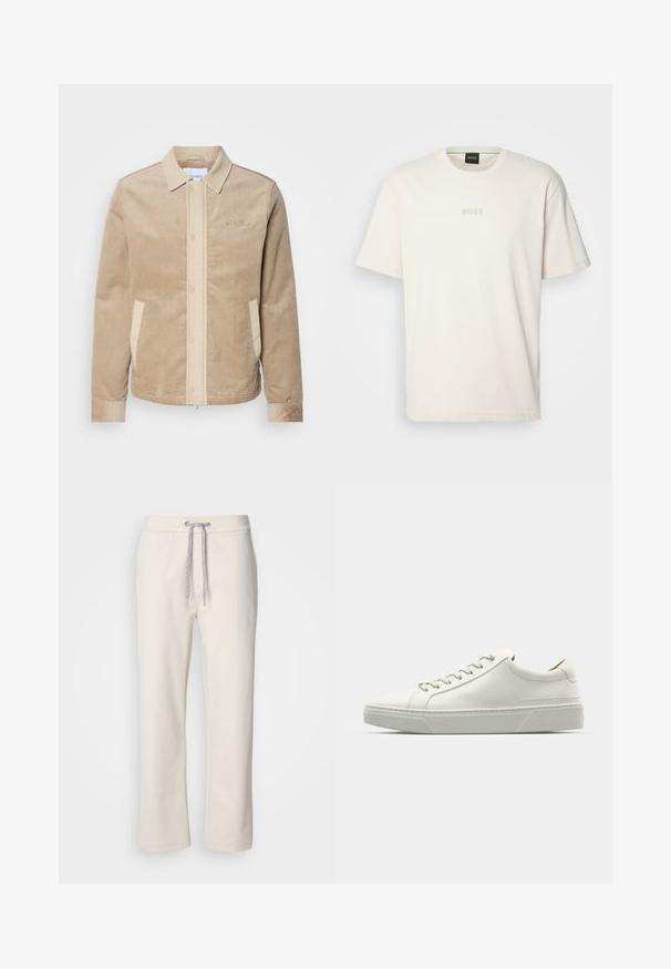 Beige Cordjacke aus Cord mit tanfarbenen Details an der Front, dem Kragen und den Taschen. Verfügt über eine Knopfverschluss und gerippte Bündchen. Subtile Markenkennzeichnung auf der Brust.; BOSS TEE - T-Shirt basic - open white; Beige lässige Hosen mit einem Kordelzugbund und geraden Beinen, vor einem schlichten weißen Hintergrund präsentiert.; Weißes Leder-Sneaker mit abgerundetem Zehenbereich, minimalistisches Design, graue Schnürsenkel und einer strukturierten grauen Gummisohle. Dezente Nähte sichtbar.