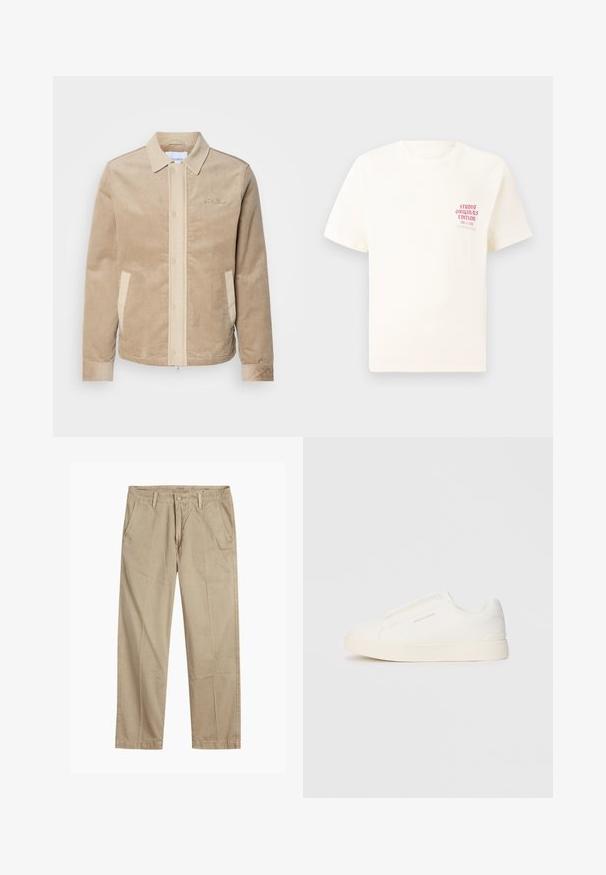 Peščeni kord jopič z bež sprednjim delom, ovratnikom in žepi. Ima gumbno zapiranje in rebraste manšete. Diskretno blagovno znamenje na prsih.; Bela majica s kratkimi rokavi z rdečim napisom "Studio Originals Edition" na levi strani prsnega koša, prikazana na nevtralnem sivo backgroundu.; Bežne bež hlače ravnega kroja z zanko za pas, sprednjim gumbom in zadrgo ter bočnimi žepki.; Bele zapete brez vezalk z teksturirano površino, debelim podplatom in minimalističnim dizajnom. Na strani se nahaja logotip blagovne znamke.