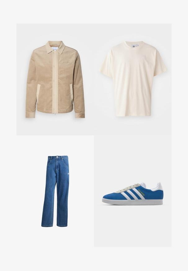 Iedeguma krāsas korduroja jaka ar beigu priekšpusi, apkakli un kabatām. Iekļautā pogu aizdare un ribotas aproces. Diskrēta zīmola atzīme uz krūtīm.; Krēma krāsas kokvilnas T-krekls ar apaļu kakla izgriezumu un īsām piedurknēm; tam ir neliels, gaišas krāsas logo uz krūtīm.; Zilas augsta vidukļa platas kāju džinsu bikses ar priekšējiem kabatām, jostas cilpām, pogu aizdari un mazu Adidas logo labajā augšstilbā.; adidas Originals ADIDAS GAZELLE SHOES - Futbola apavi iekštelpām - real madrid/bluebird/footwear white/crew yellow