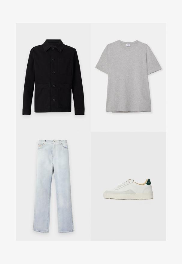 Must must vest, milleka sügava kraega, kahe esifriikmuga ja ühe rinna taskuga. Valmistatud vastupidavast kangast, millel on sile tekstuur.; Hallhargist lühikeste varrukatega T-särk pehmest, tekstuuriga kangast. Omab klassikalist ümarat kaelust ja sirget allääret, sobides igapäevaseks kandmiseks.; Heledad sinine denimpüksid otse jalgadega kujundusega, millel on nööbkinnitus, viis taskut ja kontrastne õmblus.; Valged tennisjalanõud, millel on sametised aktsendid, ümar varvas, lame nöörid ja kreemjas kummine põhja. Hästi nähtav roheline bränding kannal.