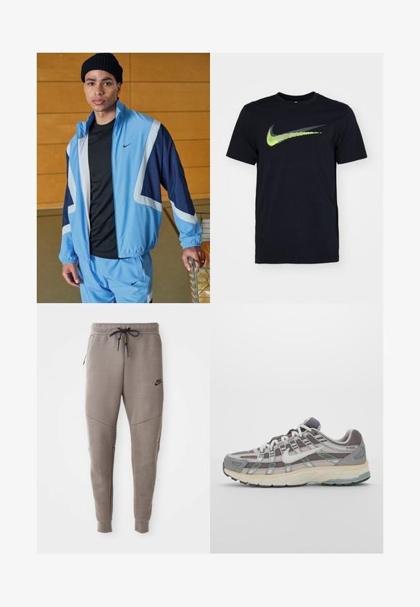 Ljust blå Nike träningsdräkt med marinblå detaljer, bestående av en zip-jacka och elastiska muddar. Svart t-shirt under, strukturerad stickad mössa.; Svart kortärmad T-shirt i bomull med en stor grön och grå Nike-logga på framsidan, med rund halsringning.; Grå Nike sweatpants med dragsko i midjan, avsmalnande ben, sidofickor och tydlig sömdekoration. Mjuk, strukturerad tyg.; Grå atletiska sko med en överdel av mesh och mocka, vita accenter, en vadderad sula och en unik design med reflekterande element.