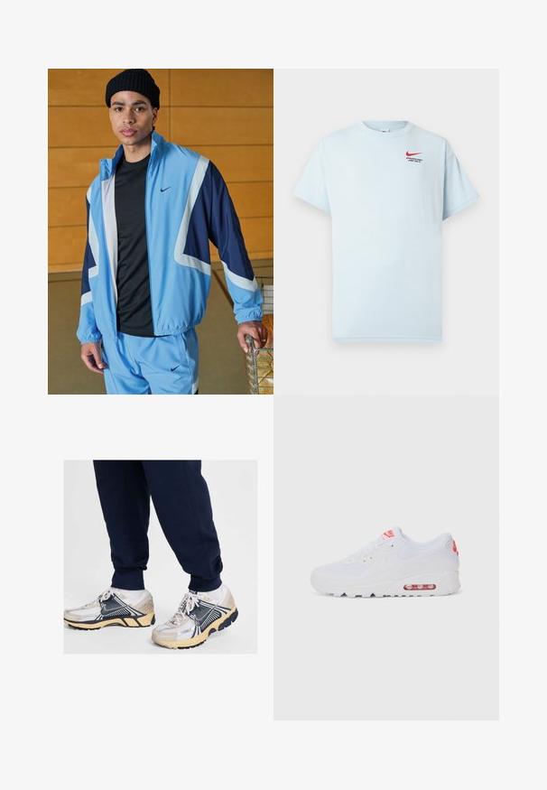 Chándal de Nike en azul claro con detalles en azul marino, que incluye una chaqueta con cremallera y puños elásticos. Camiseta negra debajo y gorro de punto texturizado.; Camiseta de algodón azul claro con manga corta, cuello redondo y un logo de la marca Nike en rojo. El texto dice "DEPARTAMENTO ATLÉTICO. SOLO HAZLO."; Zapatillas deportivas blancas y beige con acentos negros y paneles de malla, combinadas con pantalones jogger azul marino a nivel de tobillo.; Zapatilla deportiva blanca con una parte superior lisa, cierre de cordones, suela acolchada y una unidad de aire visible con acentos rojos en la marca.