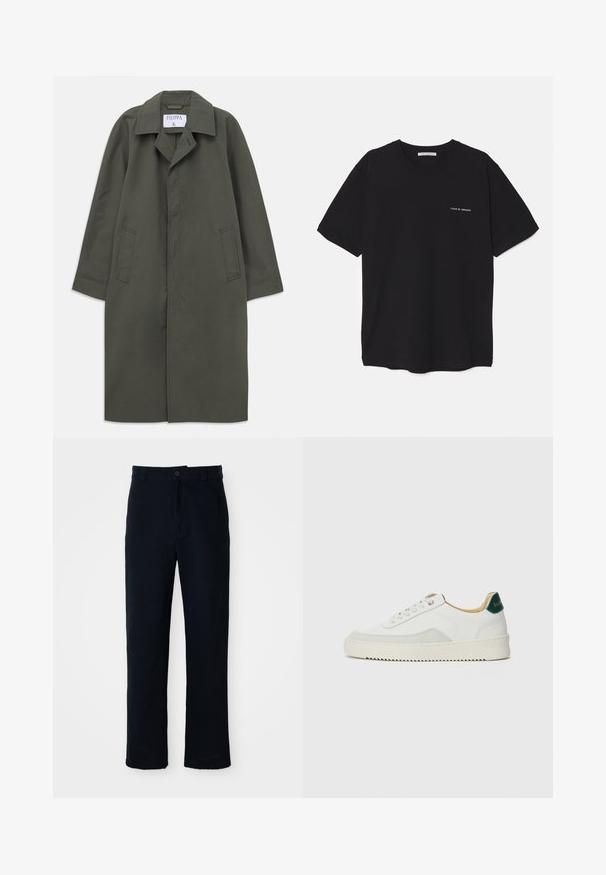 Pikk ja tumeoliiviroheline ühekordne mantel küljetaskutega, nurgelise krae ja peidetud esi-nööpidena, etiketiga "Filippa K" krae sees.; Must musta T-särk, ümar kaelus, lühikesed varrukad ja valge logo trükk vasakul rinnal. Lihtne, ühtlane värvitoon.; Tumed sinelased püksid puuvillast, sirge lõikega, eesnupu sulgemisega ning klassikalise vöökohaga, kus on vööaasad.; Valged tennisjalanõud, millel on sametised aktsendid, ümar varvas, lame nöörid ja kreemjas kummine põhja. Hästi nähtav roheline bränding kannal.