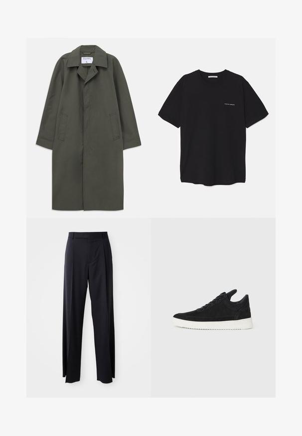 Dlhý tmavý olivovo zelený kabát na jedno gombík s bočnými vreckami, klopovým golierom a skrytými prednými gombíkmi, s označením "Filippa K" vo vnútri goliera.; Čierne bavlnené tričko s okrúhlym výstrihom, krátkymi rukávmi a bielou potlačou loga na ľavej hrudi. Jednoduchý, jednoliaty dizajn.; Čierne, vysoké nohavice so širokým strihom, vyrobené z hladkej látky. Obsahujú predné skladby a pútka na opasok. Minimalistický dizajn, bez viditeľnej kovania.; čierne semišové tenisky s bielou gumovou podrážkou, s tonálnym prešívaním a šnurovaním. Hladká textúra s moderným, zjednodušeným tvarom.