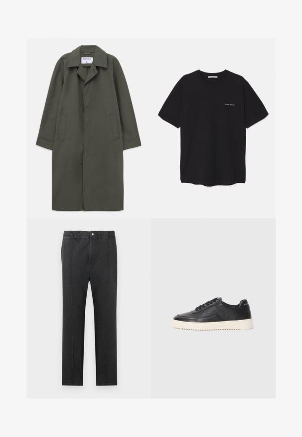 Duge tamno maslinasto zelene boje kaput s jednim gumbom, bočnim džepovima, rever kragnom i skrivenim prednjim gumbima, oznaka "Filippa K" unutar kragne.; Crna pamučna majica s okruglim izrezom, kratkim rukavima i bijelim logotipom otisnutim na lijevoj strani prsnog koša. Jednostavan dizajn u jednoj boji.; Crne hlače s elastičnim pojasom, ravnim prednjim dijelom, dva bočna džepa i dekorativnim šavovima. Bez vidljivih uzoraka ili detalja hardvera.; Crne kožne tenisice s teksturiranim završetkom, okruglim vrhom i ravnim bijelim gumenom potplatom. Karakteriziraju ih crne vezice i branding na peti.