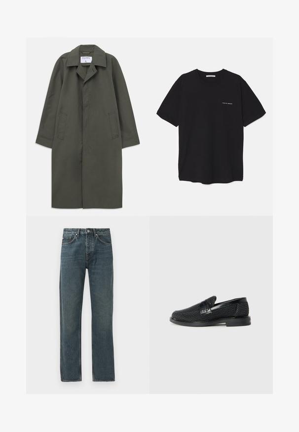 Hosszú, sötét olívazöld, egyeletes záródású kabát oldalsó zsebekkel, bemetszett gallérral és eltakarított elülső gombokkal, a gallérban a "Filippa K" címke található.; Fekete pamut T-shirt kerek nyakkivágással, rövid ujjakkal, és fehér logónyomattal a bal mellrészen. Egyszerű, egyszínű dizájn.; Sötétkék farmernadrág egyenes lábbal, öt zsebbel, gombos záródással és kontrasztos varrási részletekkel.; Fekete szőtt slip-on cipő sima bőr díszítéssel a felsőrészen, kerek orral és alacsony profilos gumitalppal.