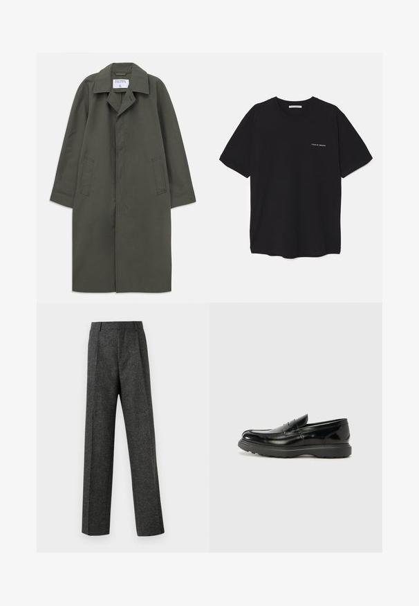 Palton lung, de un verde măsliniu închis, cu un singur rând de nasturi, buzunare laterale, guler cu vârfuri și nasturi frontali ascunși, etichetă "Filippa K" în interiorul gulerului.; Tricou din bumbac negru, cu guler rotund, mâneci scurte și un imprimeu alb cu logo pe partea stângă a pieptului. Design simplu, de culoare uniformă.; Pantaloni gri ajustați din țesătură texturată, prezentând două pliere frontale și un design drept. Fără buzunare vizibile sau ornamente.; Mocasin din piele neagră cu o finisare lucioasă, vârf rotunjit, detalii de cusătură subtile și o talpă groasă din cauciuc pentru durabilitate.