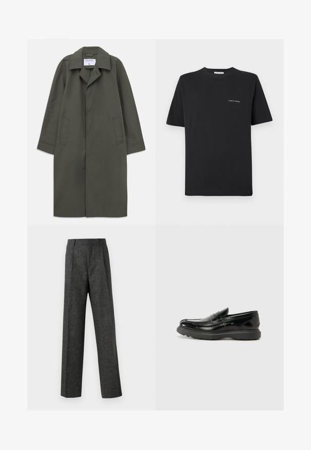 Casaco único de cor verde-oliva escura, de um só peito, com bolsos laterais, gola com recorte e botões frontais ocultos, etiqueta "Filippa K" no interior da gola.; Camisa de algodão preta com decote redondo, mangas curtas e um pequeno logo branco "TIGER OF SWEDEN" no peito. Corte clássico.; Calças cinzentas ajustadas, feitas de um tecido texturizado, com duas pregas frontais e um design de perna reta. Sem bolsos visíveis ou enfeites.; Mocassim de couro preto com acabamento brilhante, bico arredondado, detalhes de costura subtil e sola de borracha espessa para durabilidade.